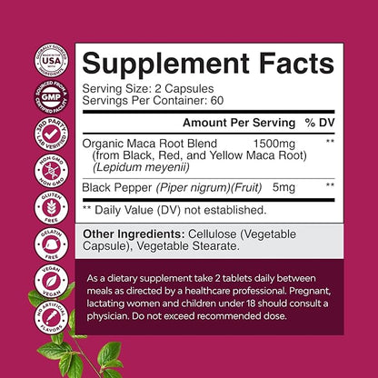 Organic Maca Root Capsules for Women - Potent Herbal Supplement with Female Enhancing Blend of Red Yellow & Black Maca Root - Non-GMO Certified Vegan and Gluten-Free with No Artificial Colors - 120ct