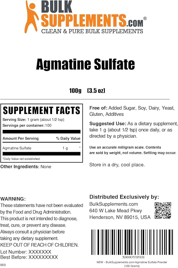 BulkSupplements.com Agmatine Sulfate Powder - Nitric Oxide Supplement - Unflavored & Gluten Free, 1g per Serving, 100g (3.5 oz) (Pack of 1)