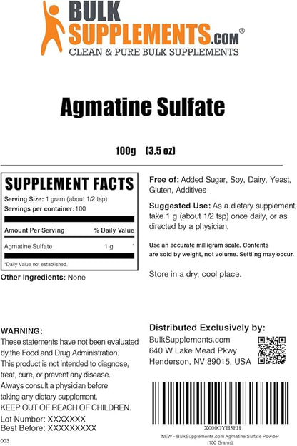 BulkSupplements.com Agmatine Sulfate Powder - Nitric Oxide Supplement - Unflavored & Gluten Free, 1g per Serving, 100g (3.5 oz) (Pack of 1)