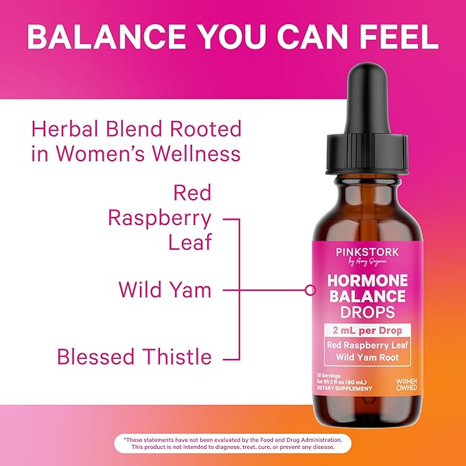 Pink Stork Hormone Balance Support Liquid - Hormonal Health, PMS and Period Relief, Menopause + Mood Support, Herbal Supplement for Women with Red Raspberry Leaf & Wild Yam - Vegan, 2 oz, 30 Servings