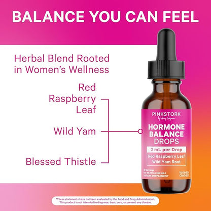 Pink Stork Hormone Balance Support Liquid - Hormonal Health, PMS and Period Relief, Menopause + Mood Support, Herbal Supplement for Women with Red Raspberry Leaf & Wild Yam - Vegan, 2 oz, 30 Servings