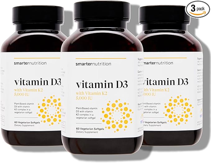 SMARTERNUTRITION Smarter Nutrition Vegan Vitamin D3 5000 IU + Natural Vitamin K2 1100 mcg in Organic Coconut & Olive Oil - D3 K2 Supplement for Immune & Bone Support - 180 Softgels[90 Day Supply]