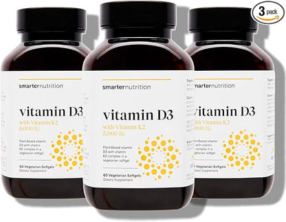SMARTERNUTRITION Smarter Nutrition Vegan Vitamin D3 5000 IU + Natural Vitamin K2 1100 mcg in Organic Coconut & Olive Oil - D3 K2 Supplement for Immune & Bone Support - 180 Softgels[90 Day Supply]