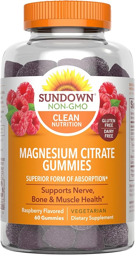 Sundown Magnesium Citrate Gummies, Supports Nerve, Bone & Muscle Health, Vegetarian, Raspberry Flavored, 60 Count