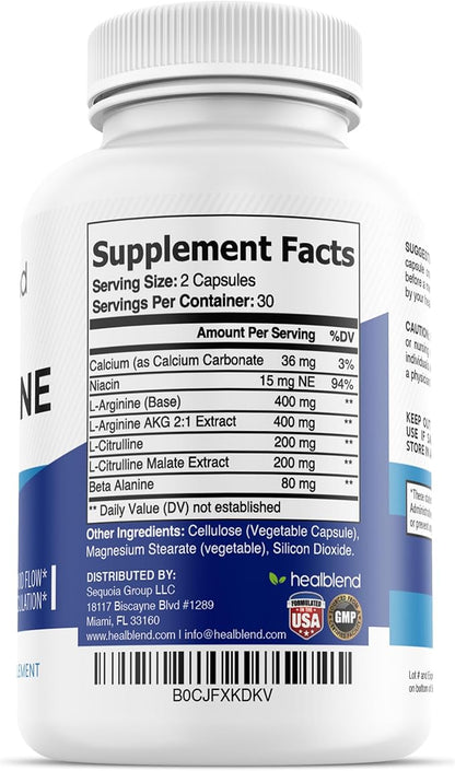 healblend L-Arginine Plus: Calcium, Niacin, L-Arginine Blend, L-Citrulline Complex & Beta Alanine - 60 Capsules