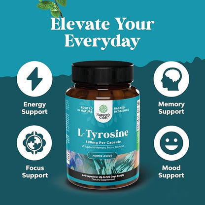 Free Form L Tyrosine 1000mg Per Serving - High Strength L-Tyrosine Supplement for Energy and Focus Support - Amino Acid Nootropic Supplement for Focus Attention and Cognition (240 Count)