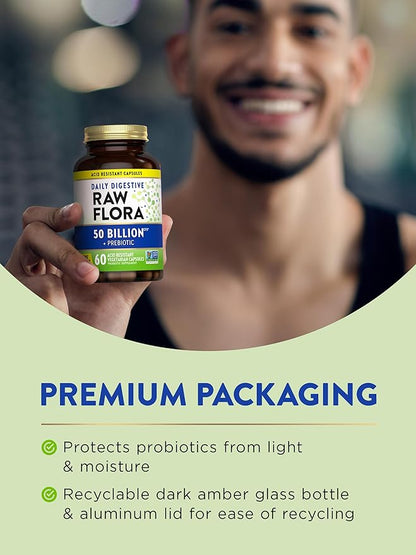 Raw Flora Probiotic with Prebiotics | 50 Billion CFU | Daily Digestive Capsules | Vegetarian & Gluten Free Supplement for Men and Women | by Nature's Truth