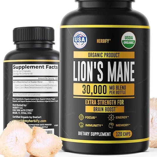 Lions Mane Supplement - Daily Mushroom Supplement for Memory, Focus & Clarity - Brain Booster - Lions Mane Capsules for Natural Immune Support - Vegan, Organic - 120 Capsules