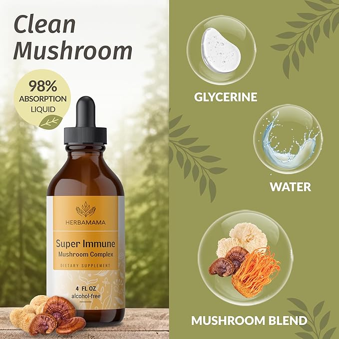 HERBAMAMA Super Immune Mushroom Supplement - Vegan 8-Mushroom Complex Blend with Reishi, Lion's Mane, Cordyceps & Chaga Extract - Non-GMO, Alcohol-Free, Sugar-Free Immunity Drops, 56-Day Supply