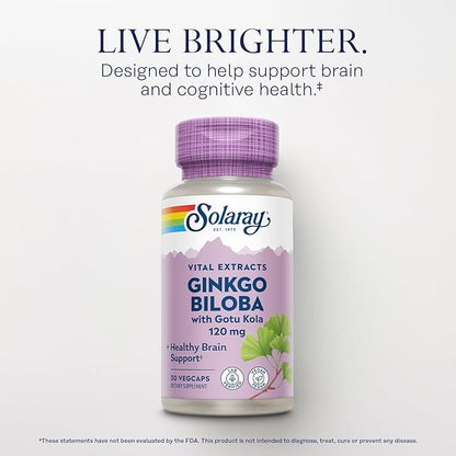 SOLARAY Ginkgo Biloba Extract with Gotu Kola - Ginko Biloba Capsules for Brain Health Support - Vegan, Lab Verified, 60-Day Guarantee - 60 Servings, 60 VegCaps (30 VegCaps)