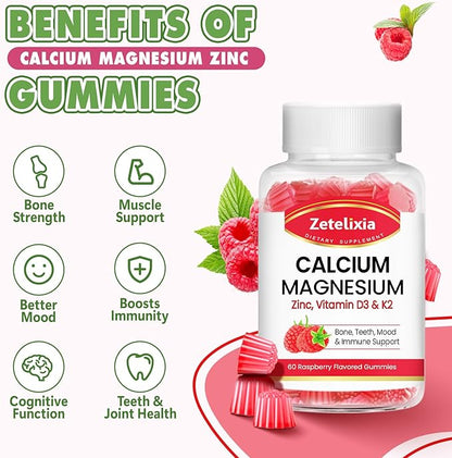 Calcium Magnesium Zinc Gummies with Vitamin D3 & K2, Calcium Gummies for B0nes Muscles, Women & Men, Raspberry Flavor - 60 Count