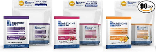L-ARGININE PRO Supplement Powder | 90 Packets Single Serve Travel Size | 5,500mg of L-arginine Plus 1,100mg L-Citrulline, Raspberry, Orange & Grape