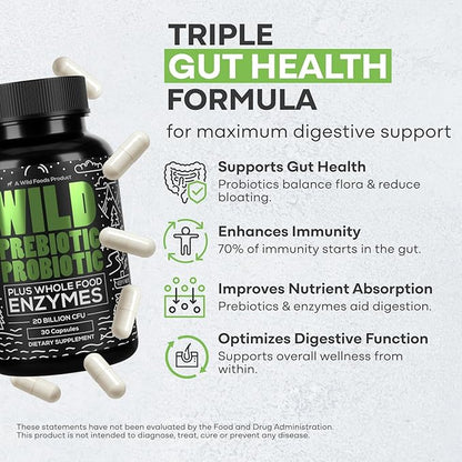 Wild Prebiotics and Probiotics with Digestive Enzymes | 20 Billion CFU - 10 Strains for Women & Men | Support Gut Health & Digestion Supplements | Non-GMO Prebiotic Fiber | 30 Count (Pack of 2)