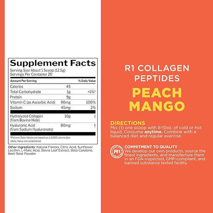 Rule 1 Collagen Peptides Powder - Hydrolyzed Bovine Collagen, Hyaluronic Acid, and Vitamin C. Supports Hair, Skin, & Nails (20 Servings, Peach Mango)