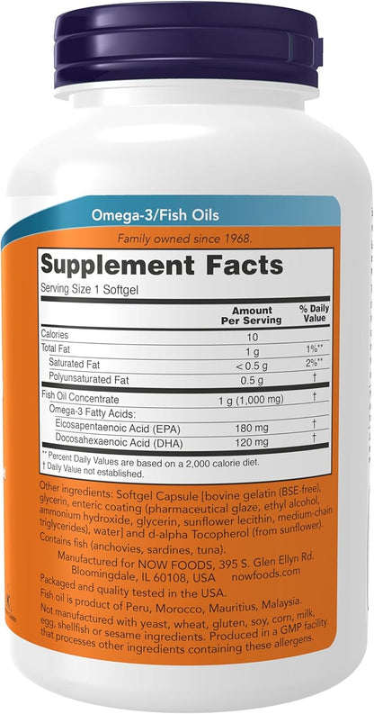 NOW Foods Supplements, Omega-3 180 EPA / 120 DHA, Enteric Coated, Cardiovascular Support*, 180 Softgels