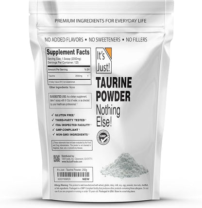 It's Just! - Taurine Powder, 250g Bulk, Pre-Workout Supplement, Unflavored (250g / 125 Servings)