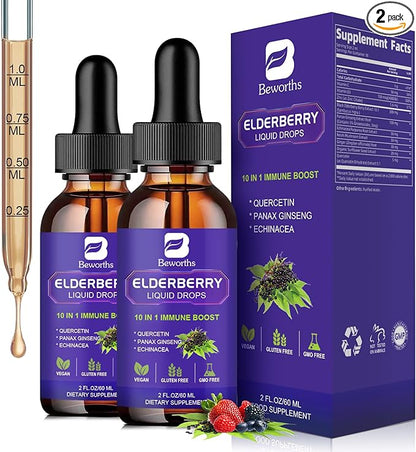 2 Pack Elderberry Syrup, Black Elderberry Drops with Quercetin, Panax Ginseng, Vitamin C and Zinc, Sambucus Elderberry Syrup Liquid for Immune Support, Vegan, Non-GMO & Gluten Free