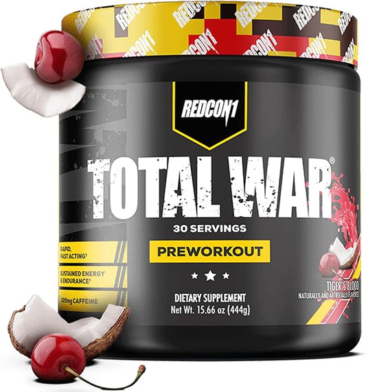 REDCON1 Total War Pre Workout, Tiger's Blood - L Citrulline, Malic Acid, Green Tea Leaf Extract for Pump Boosting Pre Workout for Women & Men - 3.2g Beta Alanine to Reduce Exhaustion (30 Servings)