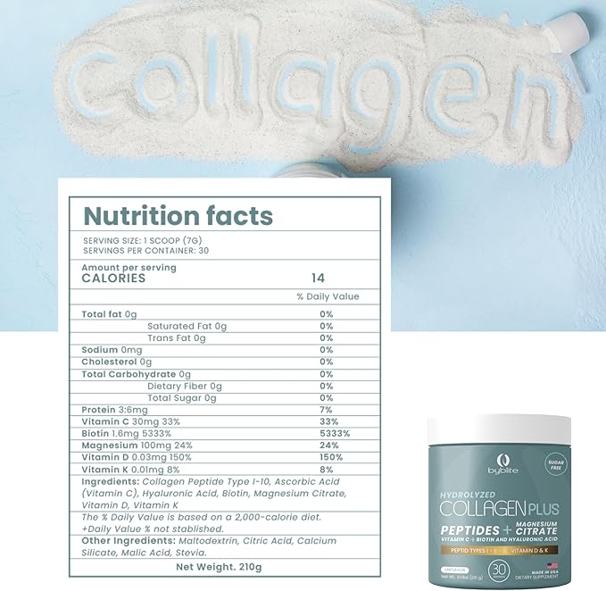 Colageno Hidrolizado para Mejorar Articulaciones + Citrato de Magnesio para tu Salud Digestiva + Peptidos I,II,III + Acido Hialuronico + Biotin + Vitamina C, D y K y Fortalece tus Uñas y Cabello