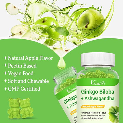 Ginkgo Biloba Gummies with Panax Ginseng for Better Mood and Focus, Booster Brain Health, 120 Vegan Apple Flavor Gummies