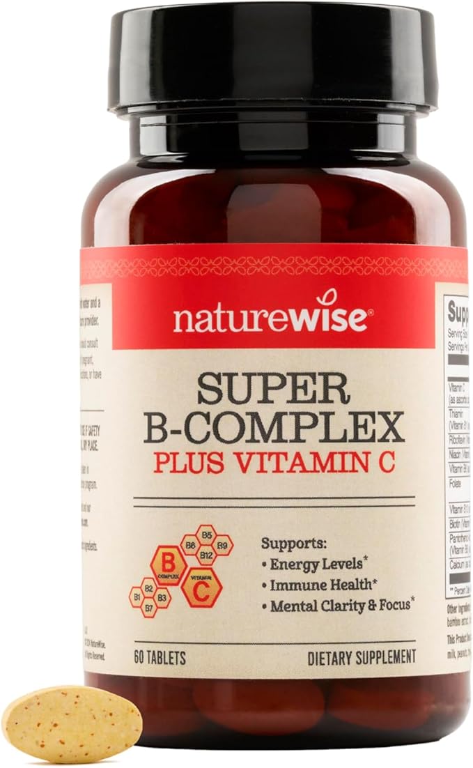 NatureWise Super Vitamin B Complex for Women and Men - with Vitamin C, Folic Acid Biotin B1 B2 B3 B6 B12 - Support Cellular Energy & Mental Clarity - Vegan, Gluten & Dairy Free, Non-GMO - 60 Tablets