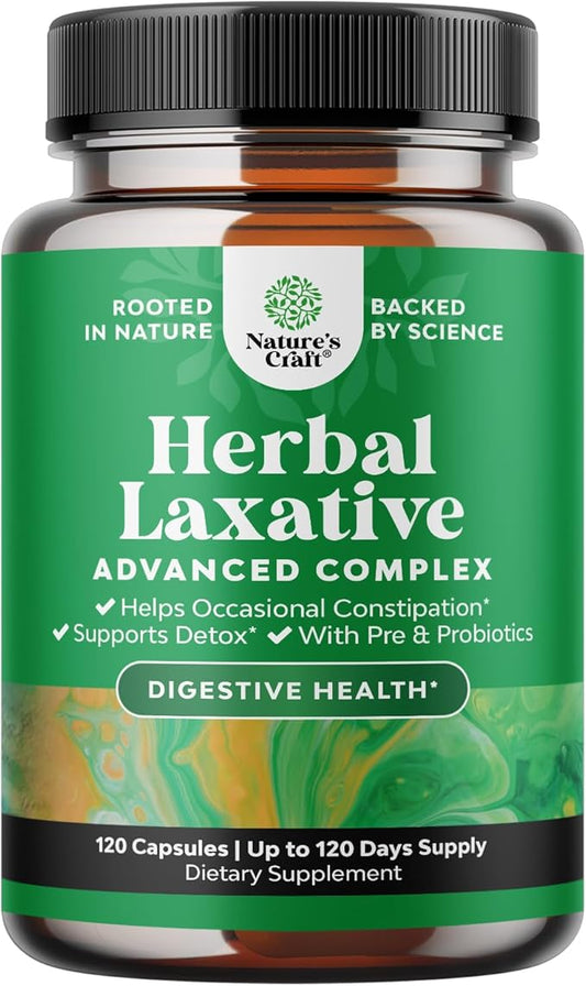 Herbal Laxative Capsules with Probiotics – Gentle Laxative for Women and Men with Senna Leaf Psyllium Husk and Cascara Sagrada - Senna Pills for Colon Cleanse and Detox Support (60 Servings)
