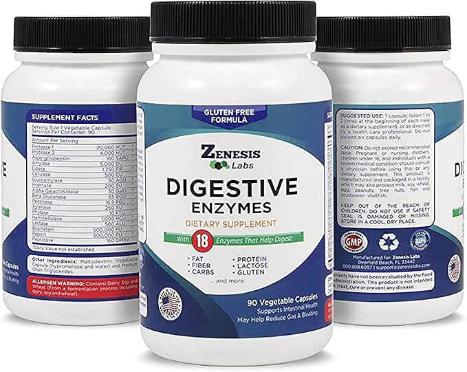 Zenesis Labs Digestive Enzymes - with Amylase, Bromelain, Protease, Lipase, & 14 Other Enzymes - 180 Capsules