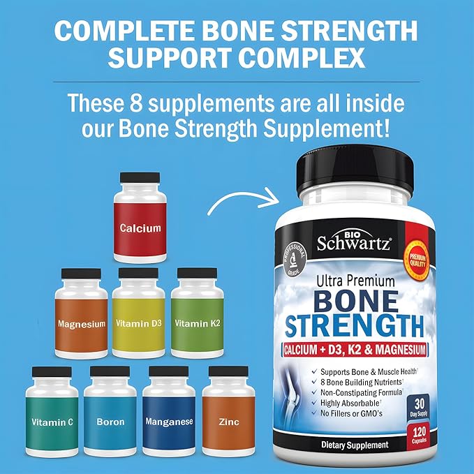 High Absorption Bone Strength Supplement - Gentle Non-Constipating Bone Health Supplement for Women & Men with 9-in-1 Complex with Calcium Magnesium Zinc D3 K2 & More - 3rd Party Tested - 1 Month