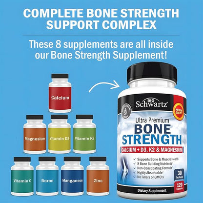 High Absorption Bone Strength Supplement - Gentle Non-Constipating Bone Health Supplement for Women & Men with 9-in-1 Complex with Calcium Magnesium Zinc D3 K2 & More - 3rd Party Tested - 1 Month