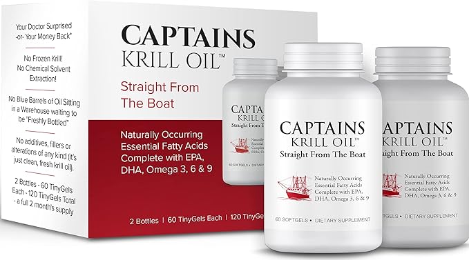 Captains Pure Antarctic Krill Oil Softgels | Omega 3 EPA, DHA with Astaxanthin & Phospholipids| No Additives or Chemicals | 1000mg per Serving, 60 Capsules, 2-Pack
