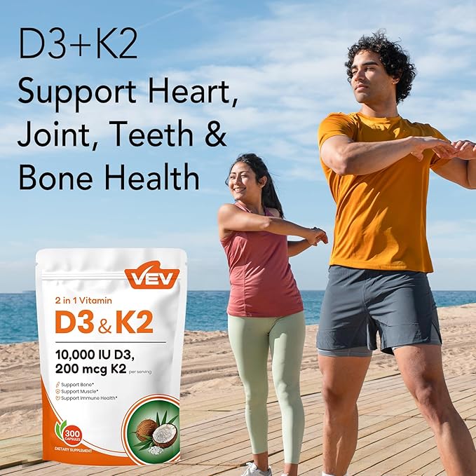 VEV Vitamin D3 K2, 10,000 IU D3, 200mcg K2 (with MK7), Supports Bone and Teeth Health, Dual Nutrient Support for Daily Wellness, Easy to Swallow (Packaging May Vary) – 300 Capsules