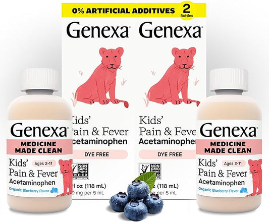 Genexa Kids’ Clean Pain & Fever Acetaminophen, Dye Free, 0% Artificial Additives, Delicious Organic Blueberry Flavor, Liquid Oral Suspension Medicine, Children 2-11, 160 mg per 5mL, 8 fl oz (2 Pack)