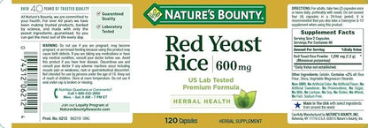 Nature's Bounty Red Yeast Rice Pills and Herbal Health Supplement, Dietary Additive, 600mg, 120 Capsules (Pack of 2)