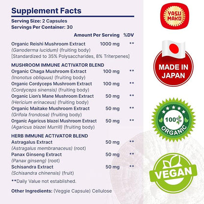 Japanese Reishi Mushroom Complex Supplement 1500mg - Reishi,Chaga,Cordyceps,Lion's Mane,Maitake,Agaricus Mushrooms Extract & 3 Herb,Organic Mushroom Capsules for Immune,Brain,Energy (Pack of 1)