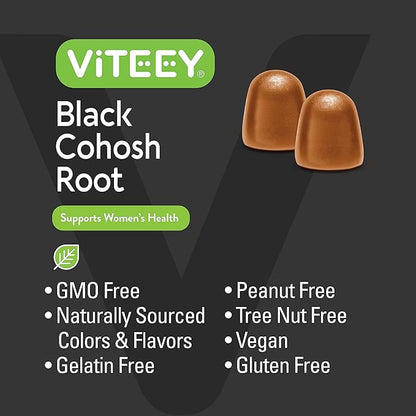 Viteey Black Cohosh for Menopause for Women - Hot Flashes and Night Sweats Relief Supplements - Black Cohosh Root - Vegan, Gelatin Free, Gluten Free, GMO Free - Tasty Chewable Peach Flavored Gummy