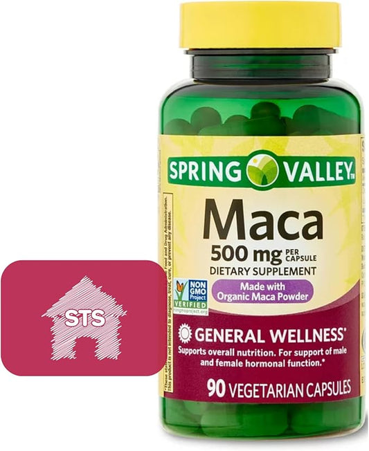 Spring Valley Maca Root 500mg Capsules, Organic Maca Root for Women and Men + STS Sticker.