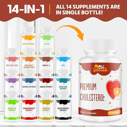 Cholesterol Supplements with Plant Sterols, Niacin, Red Yeast Rice, Citrus Bergamot, Garlic, Cholesterol Supplement Support Normal Cholesterol Levels, 90 Softgels