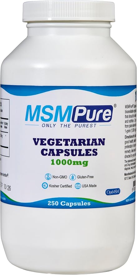 Kala Health MSMPure Vegetarian Capsules, 250 Count, Made with Organic Sulfur Crystals, 99.99% Pure Distilled MSM Supplement, 1,000 mg per Capsule, Made in USA