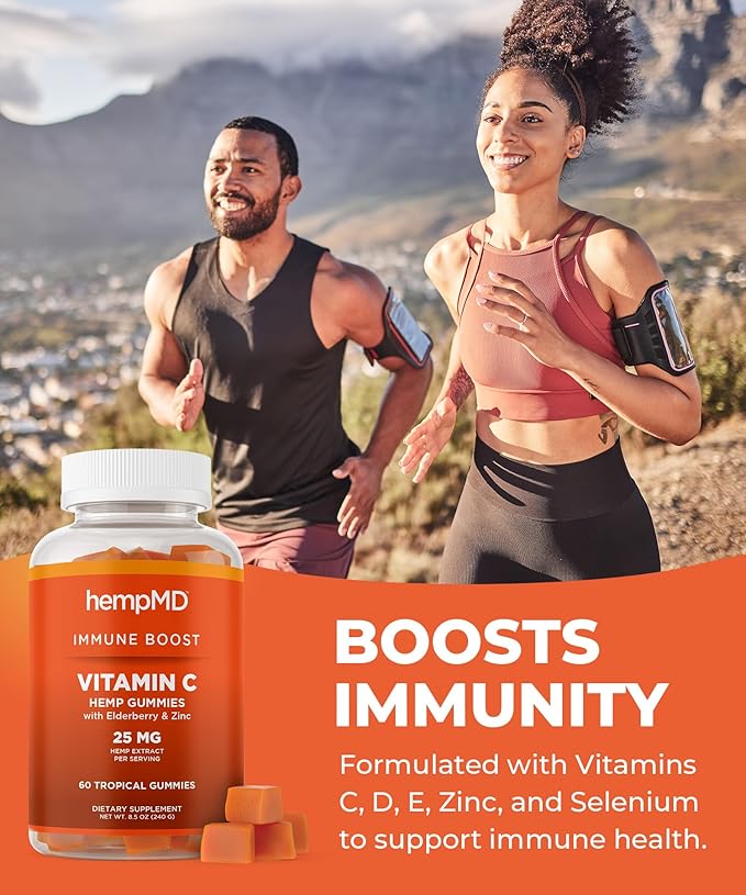 1500 mg Vitamin C Immunity Gummies - Relax and take Care of Your Immune Health. Infused with Citrus Burst Flavor with 25mg Hemp Extract, Vitamin D, E, Elderberry, Zinc 60 Ct