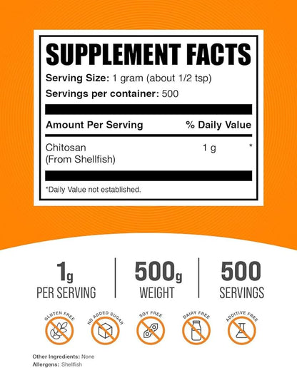 BulkSupplements.com Chitosan Powder - Chitosan 1000mg Supplements - Food Grade & Gluten Free, 1g per Serving, 500g (1.1 lbs) (Pack of 1)