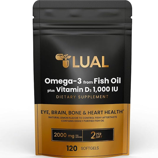 LUAL Omega-3 Fish Oil 2000mg with Vitamin D3 1,000 IU – Supports Eye, Brain, Bone and Heart Health – Lemon Flavor – 120 Softgels