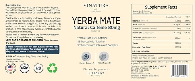 Yerba Mate 1400mg - Magic Natural Caffeine & Energy Supplements *USA Made & Tested* High Potency Enhanced with Taurine and Vitamin B Complex - 60 Capsules
