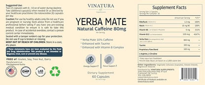 Yerba Mate 1400mg - Magic Natural Caffeine & Energy Supplements *USA Made & Tested* High Potency Enhanced with Taurine and Vitamin B Complex - 60 Capsules