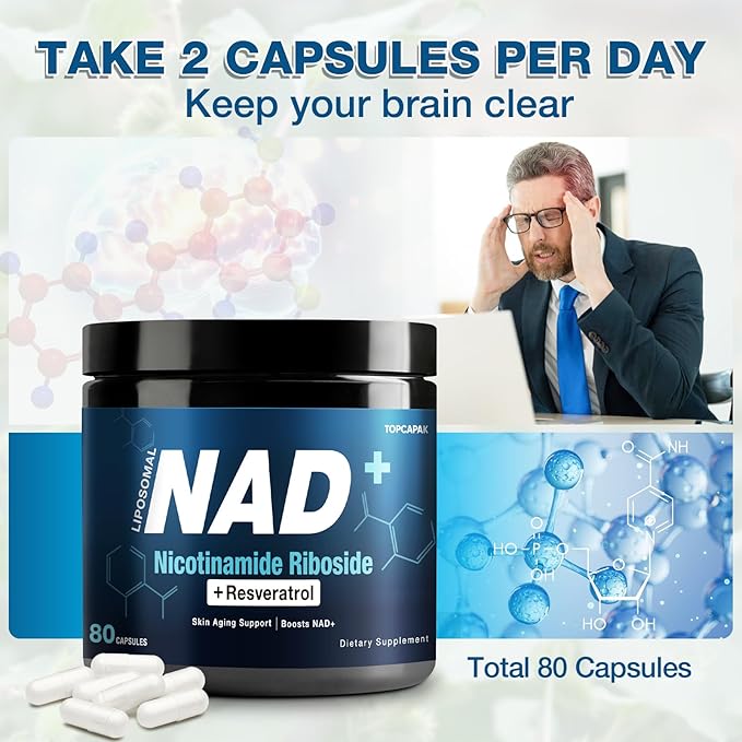 NAD+ Supplement 1000mg - Nicotinamide Riboside (NR) and Resveratrol, Liposomal NAD of Pure Organic Ingredients for Women & Men Healthy Aging, Brain and Cellular Energy, 80 Capsules(2Pcs)