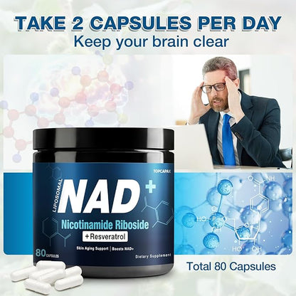 NAD+ Supplement 1000mg - Nicotinamide Riboside (NR) and Resveratrol, Liposomal NAD of Pure Organic Ingredients for Women & Men Healthy Aging, Brain and Cellular Energy, 80 Capsules(2Pcs)