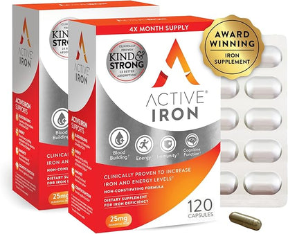 Active Iron Supplement, 25mg (60 Capsules, 2 Pack) Non-Constipating and Gentle for Women & Men, Highly Absorbed, Clinically Proven to Increase Iron & Energy Levels
