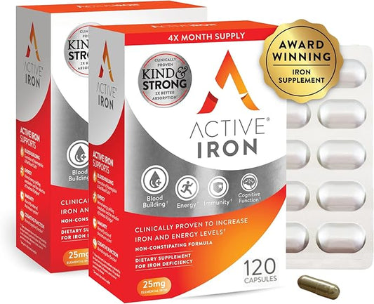 Active Iron Supplement, 25mg (60 Capsules, 2 Pack) Non-Constipating and Gentle for Women & Men, Highly Absorbed, Clinically Proven to Increase Iron & Energy Levels