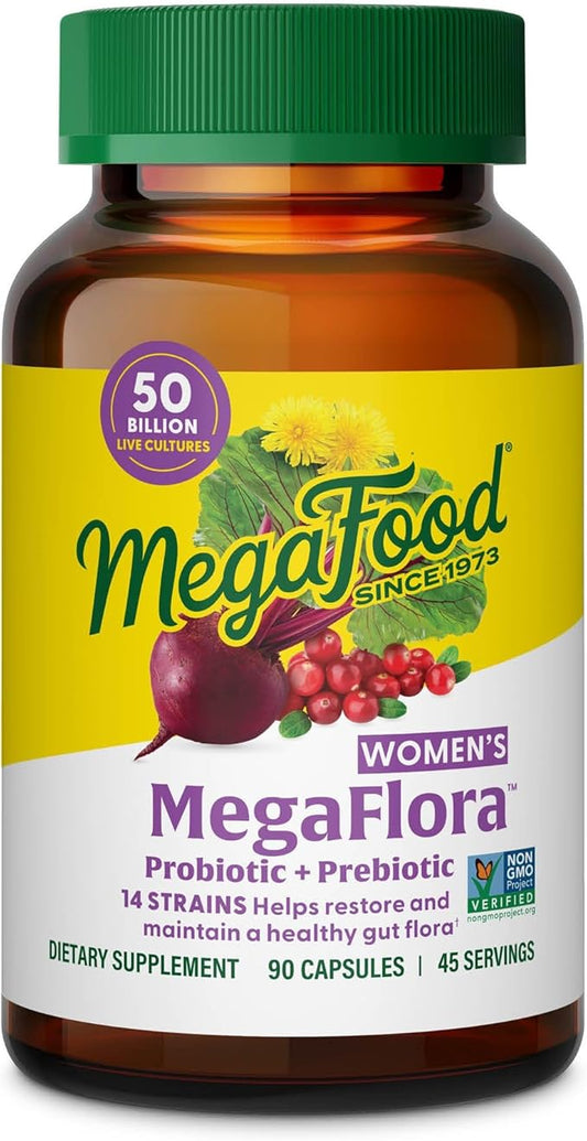 MegaFood MegaFlora Probiotics for Women + Prebiotics and Probiotics with 14 Strains & 50 Billion CFUs, with Cranberry for Women Digestive Health, Vegetarian- 90 Capsules (45 Servings)