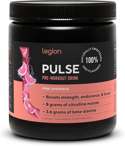 LEGION Pulse Pre Workout - All Natural Nitric Oxide Preworkout Drink to Boost Energy, Creatine Free, Naturally Sweetened, Beta Alanine, Citrulline, Alpha GPC (Pink Lemonade)