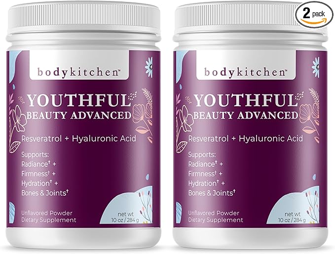 Body Kitchen Youthful Beauty Advanced, Collagen Peptides Powder for Beautiful Hair Skin Nails, Resveratrol and Hyaluronic Acid for Anti-Aging & Antioxidant Support, Grass Fed (Pack of 2)